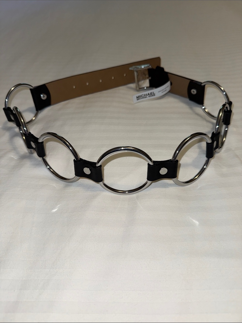 NEW Michael Kors Black Leather Ring-Link Circle Belt with Silver Hardware S